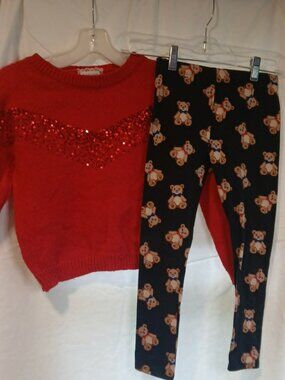 Btween Girls Red Sequin Sweater and Teddy Bear Leggings Set Size 10&6x